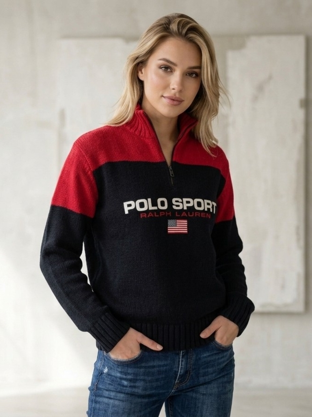 NEVER WORN Ralph Lauren Polo Sport Red Black Half-Zip THICK Sweater UNISEX Sz L